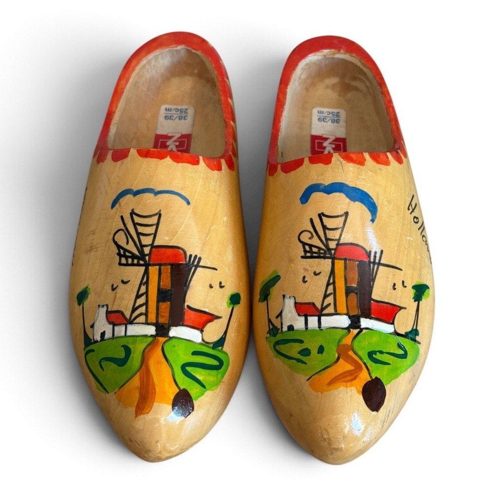 Vintage Dutch Wooden Clogs Hand Painted Holland Windmill Klompen Size 38/39